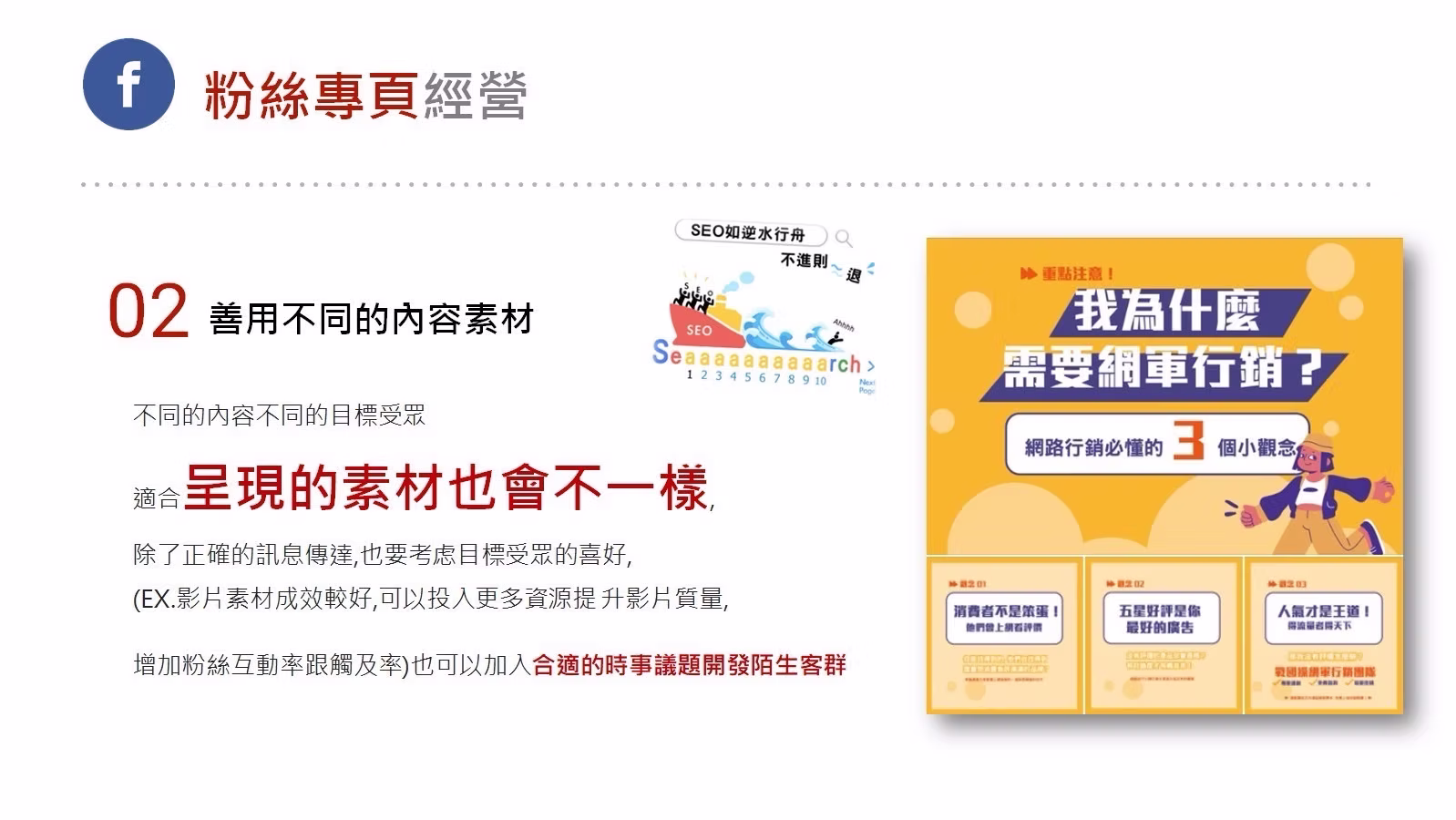 FB 粉絲團代操服務圖卡（第 2 張）: FB 粉絲團代操依品牌與客群規劃內容月曆、貼文文案、活動素材、發布排程與成效回顧，並確認留言及私訊的承接方式。
