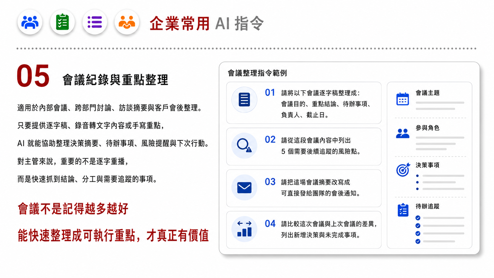 企業常用 AI 指令服務圖卡（第 5 張）: 整理業務、客服、行銷、主管報表、企劃與行政可直接使用的 Prompt 範本，並導向內訓與知識庫建置。
