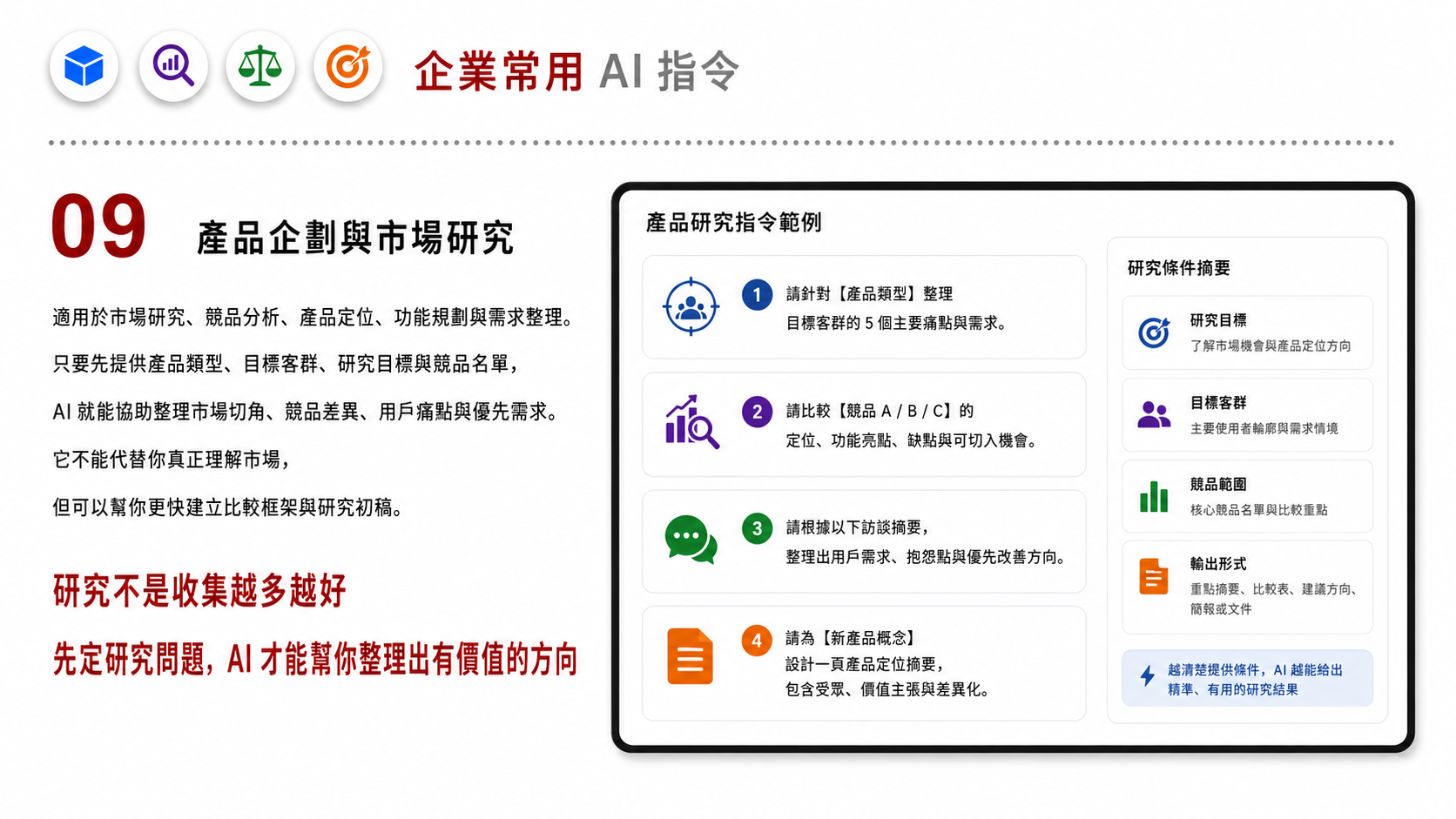企業常用 AI 指令服務圖卡（第 9 張）: 整理業務、客服、行銷、主管報表、企劃與行政可直接使用的 Prompt 範本，並導向內訓與知識庫建置。