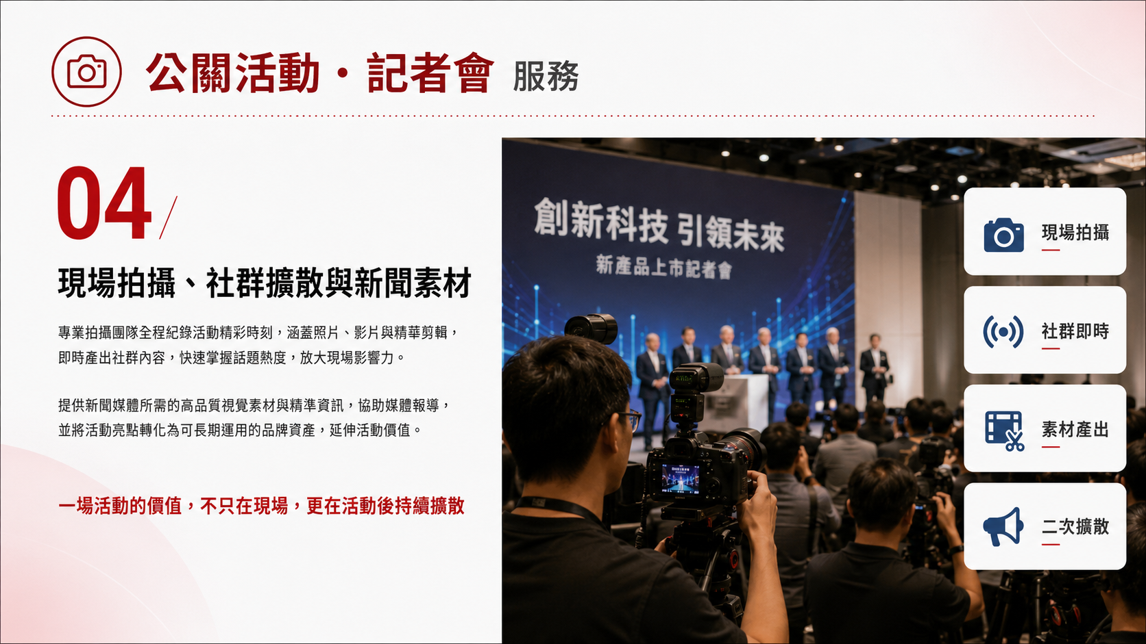 公關活動 & 記者會服務圖卡（第 4 張）: 規劃記者會、品牌活動、媒體接待、流程控管與活動後報導彙整。