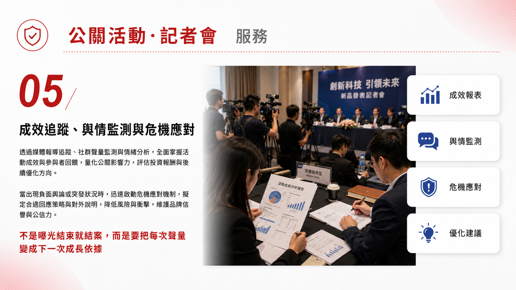 公關活動 & 記者會服務圖卡（第 5 張）: 規劃記者會、品牌活動、媒體接待、流程控管與活動後報導彙整。