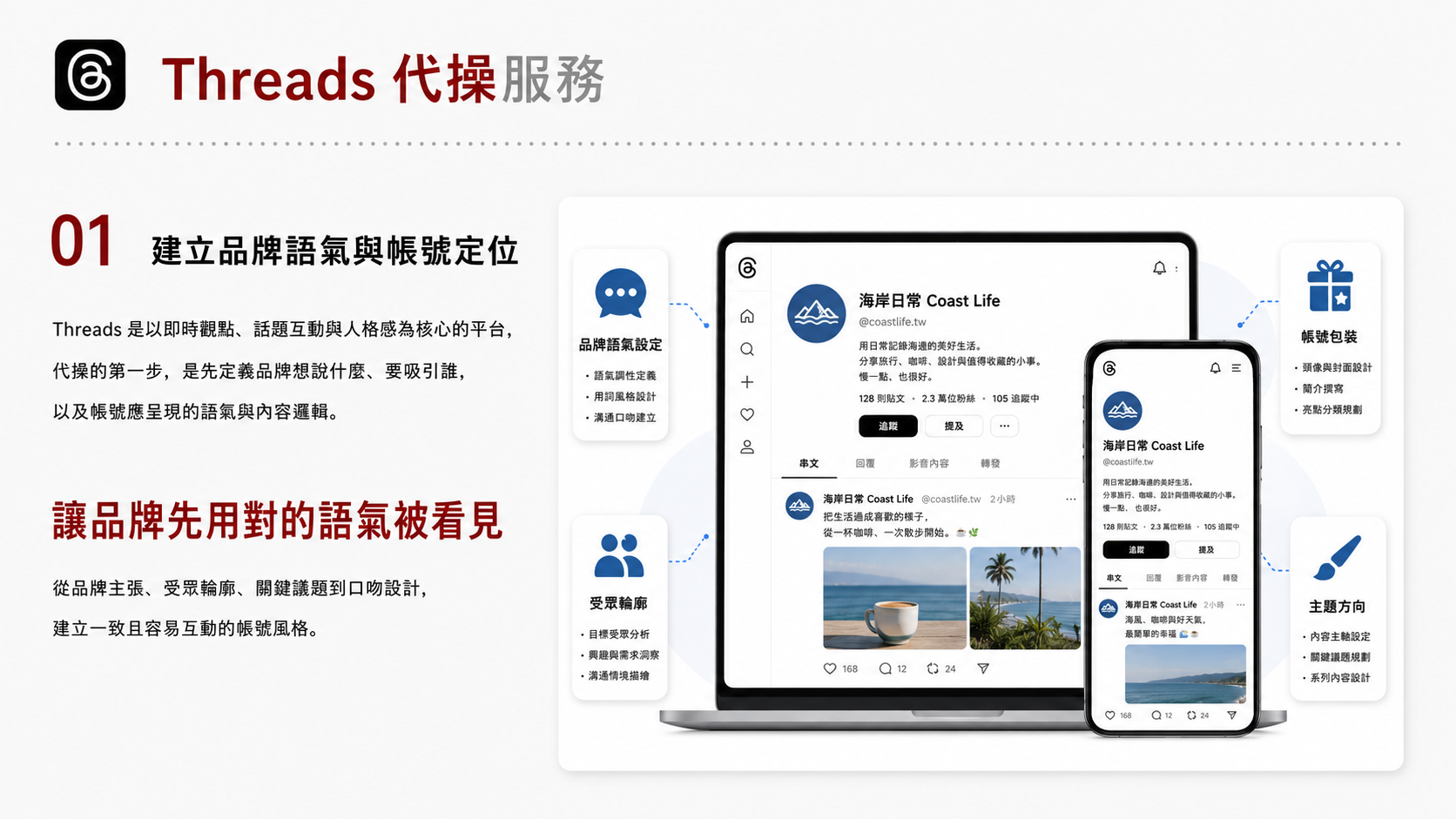 Threads 代操服務服務圖卡（第 1 張）: 設定品牌語氣、即時議題、互動串文與回應 SOP，讓 Threads 成為品牌人格與社群溫度入口。