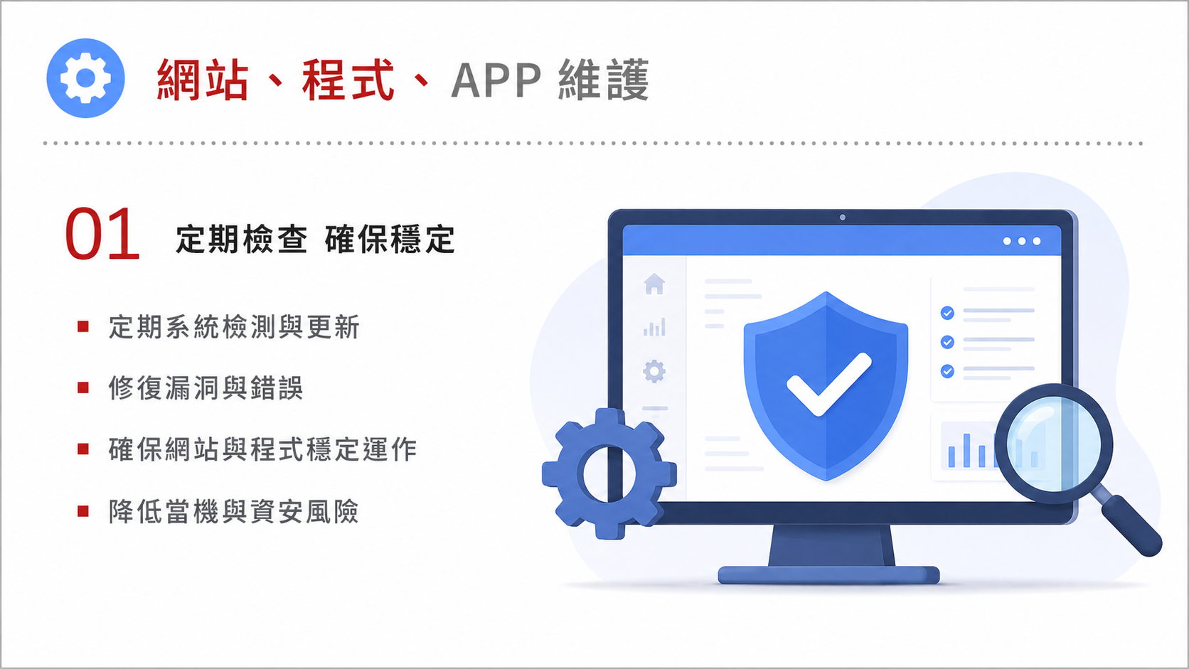 網站、程式、APP 維護服務圖卡（第 1 張）: 接手舊網站、舊程式或 APP 維護，先盤點風險，再安排修復、更新、備份與長期維護節奏。
