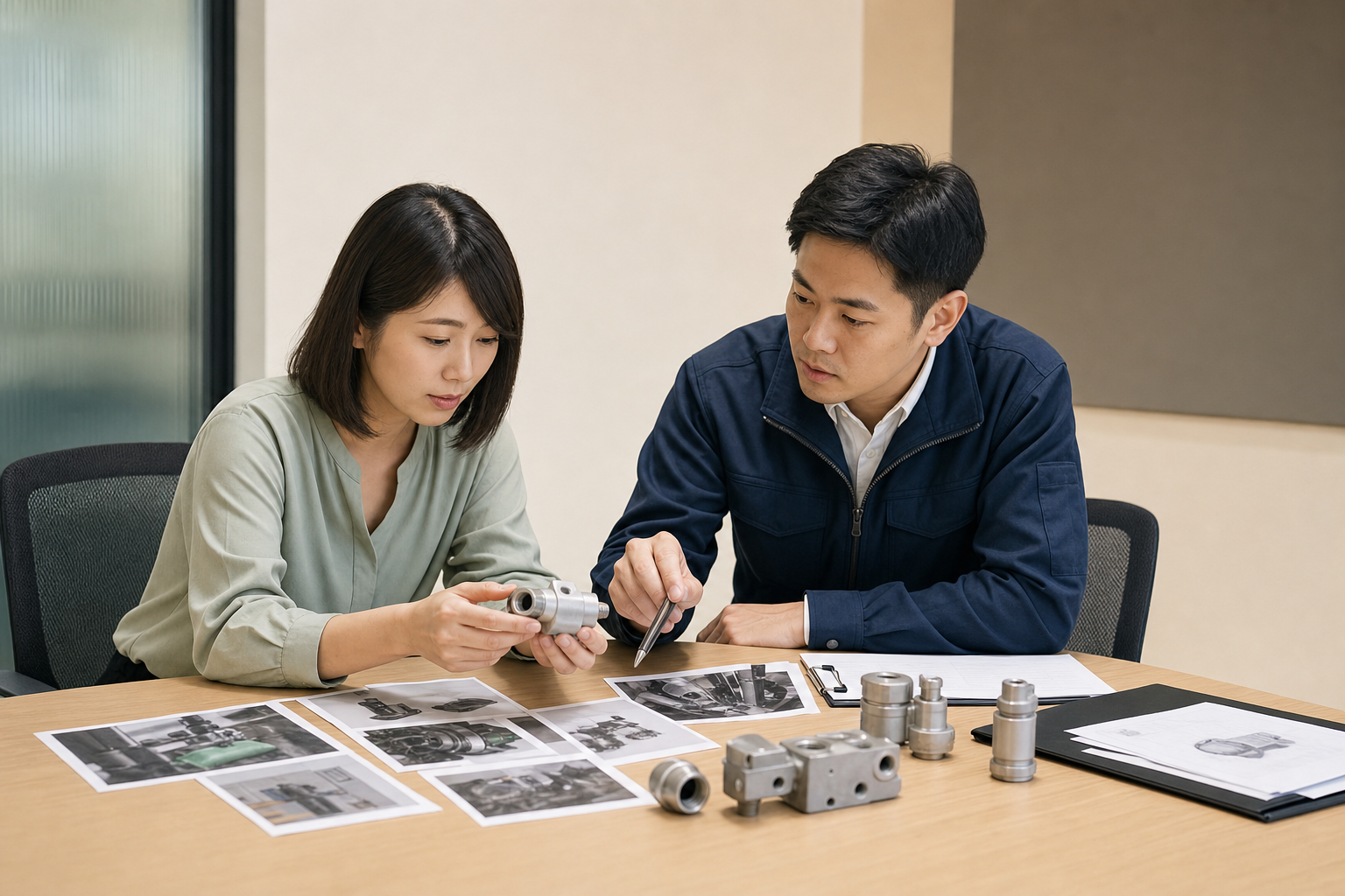 工業零件公司的內容與業務人員一起檢查產品樣品、安裝照片和詢價紀錄,象徵以小型實驗連接搜尋與營收。
