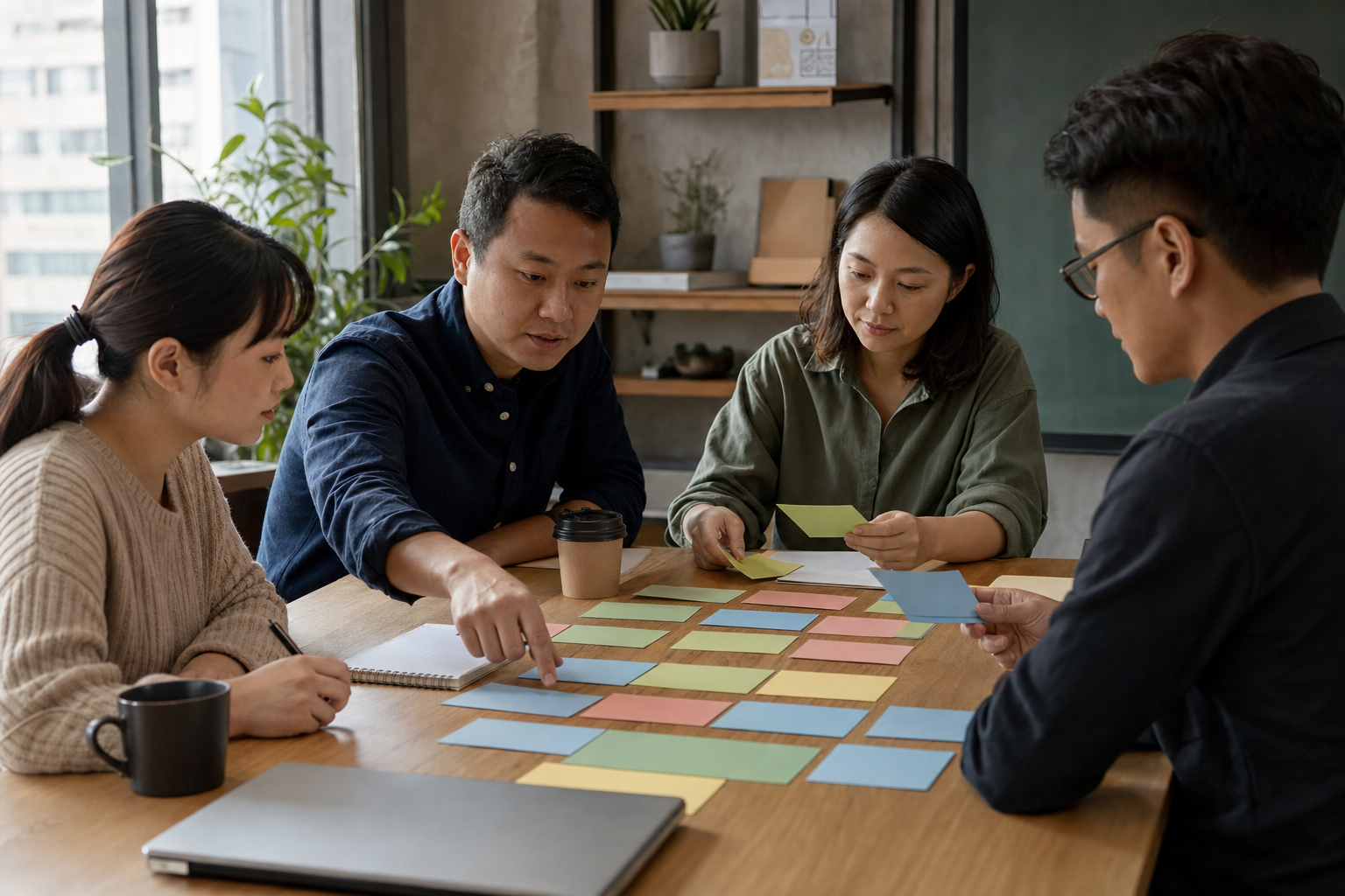 台灣小型企業團隊在會議室分類 AI 導入任務,討論哪些工作需要人工覆核。