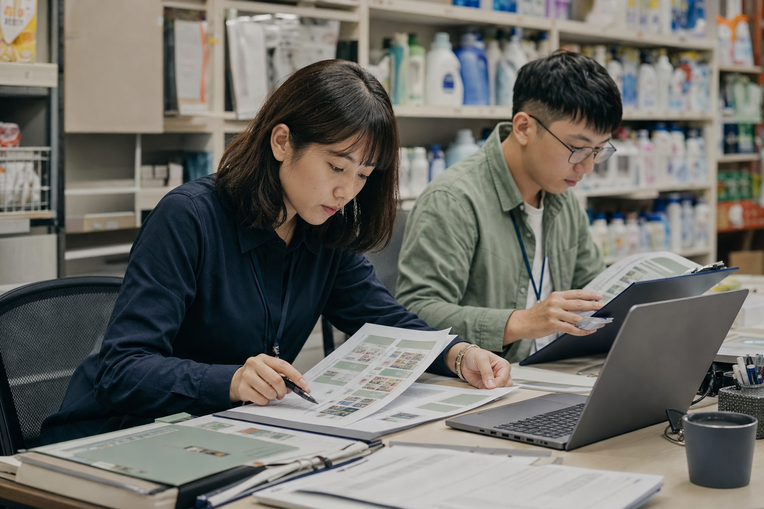 台灣零售行銷經理在門市後台核對促銷簡報草稿與商品資料,執行小型 AI 流程試點。