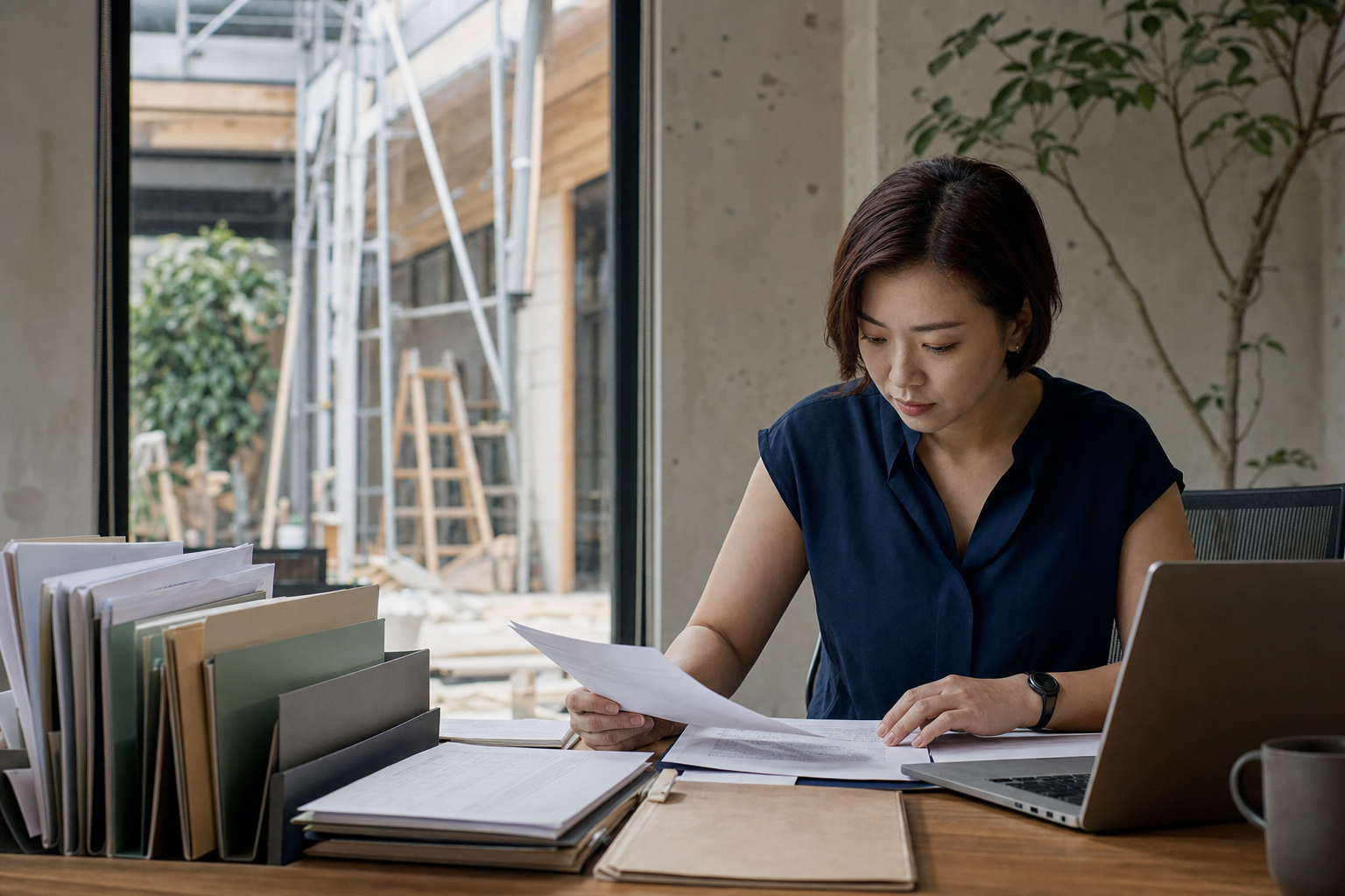 台灣小型企業主管在辦公桌前核對申請文件與數位草稿,背景是正在施工的新店面。