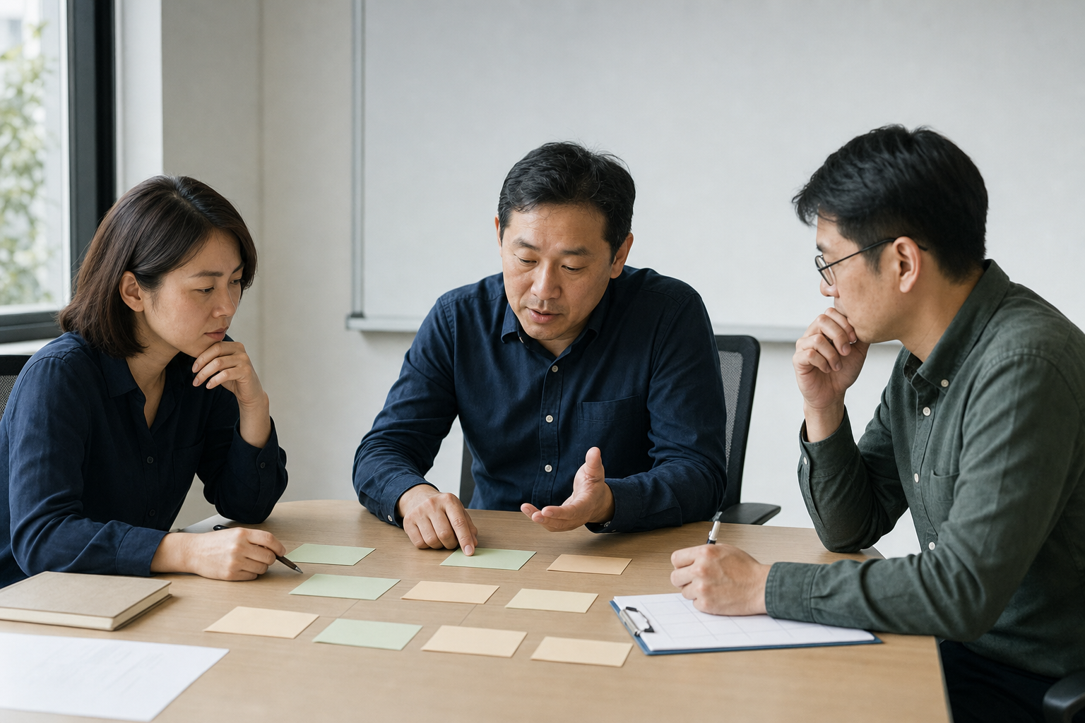 三名台灣企業主管在會議桌旁檢視流程卡片與風險檢核表,白板保持空白。