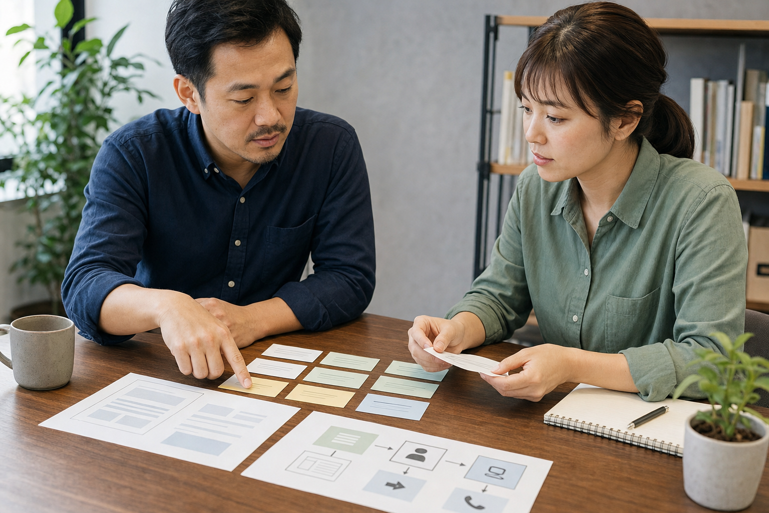 店主與行銷顧問在辦公桌前整理搜尋需求、服務頁面和客戶詢問流程