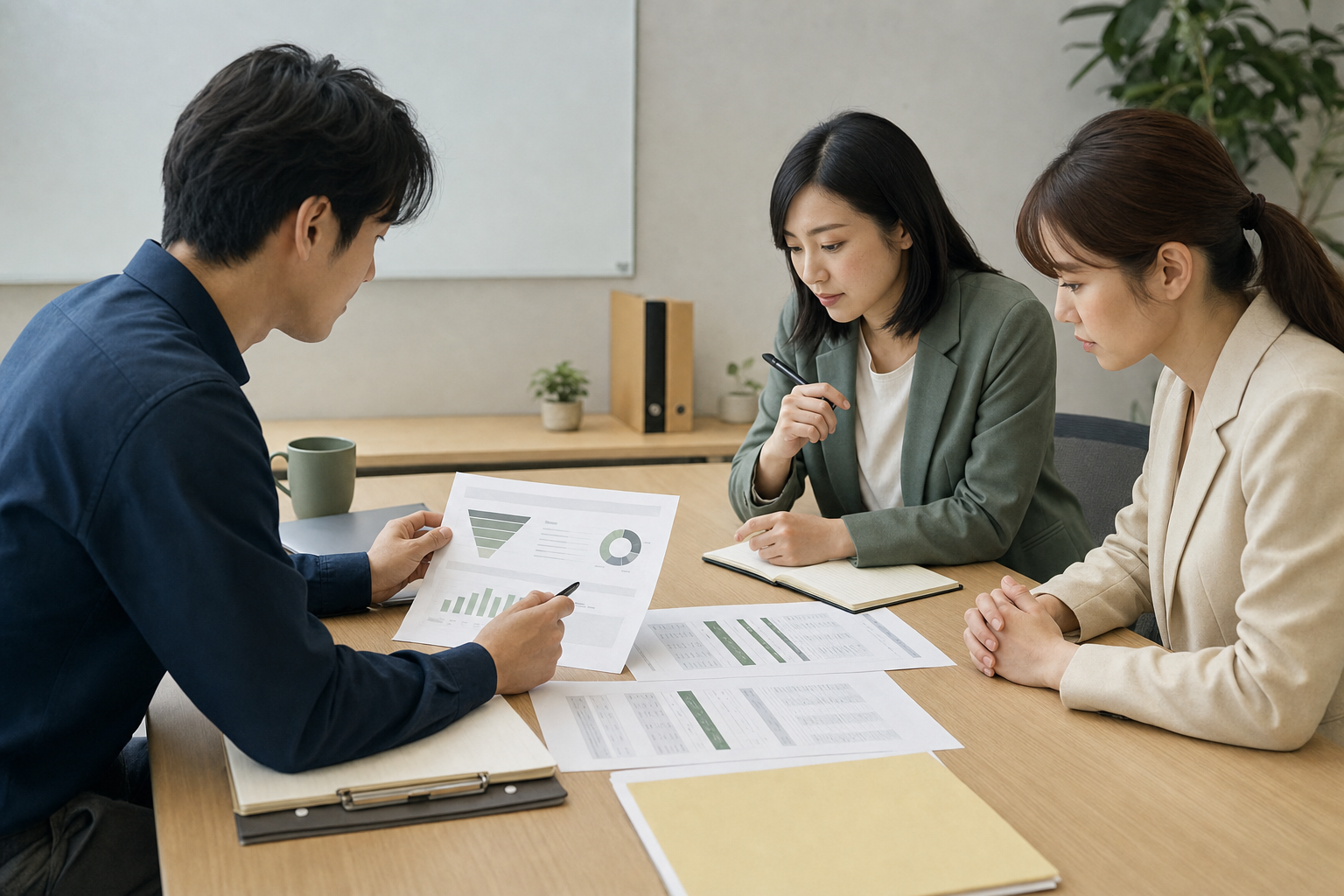 業務人員在會議室檢視網站詢問紀錄、客戶需求與後續聯絡狀態