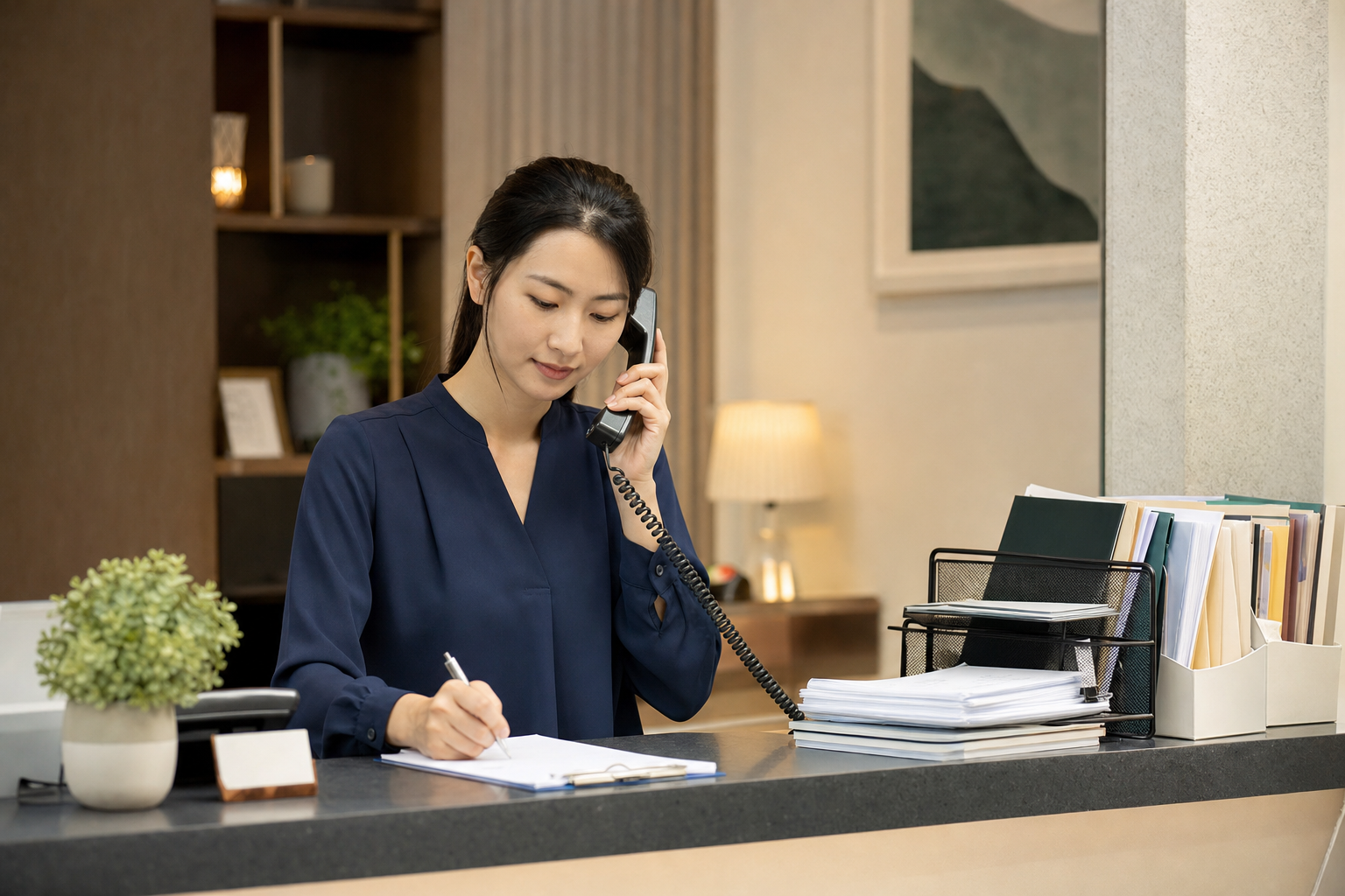 商家客服接聽電話並記錄客戶需求,呈現廣告詢問進入業務跟進流程的情境。