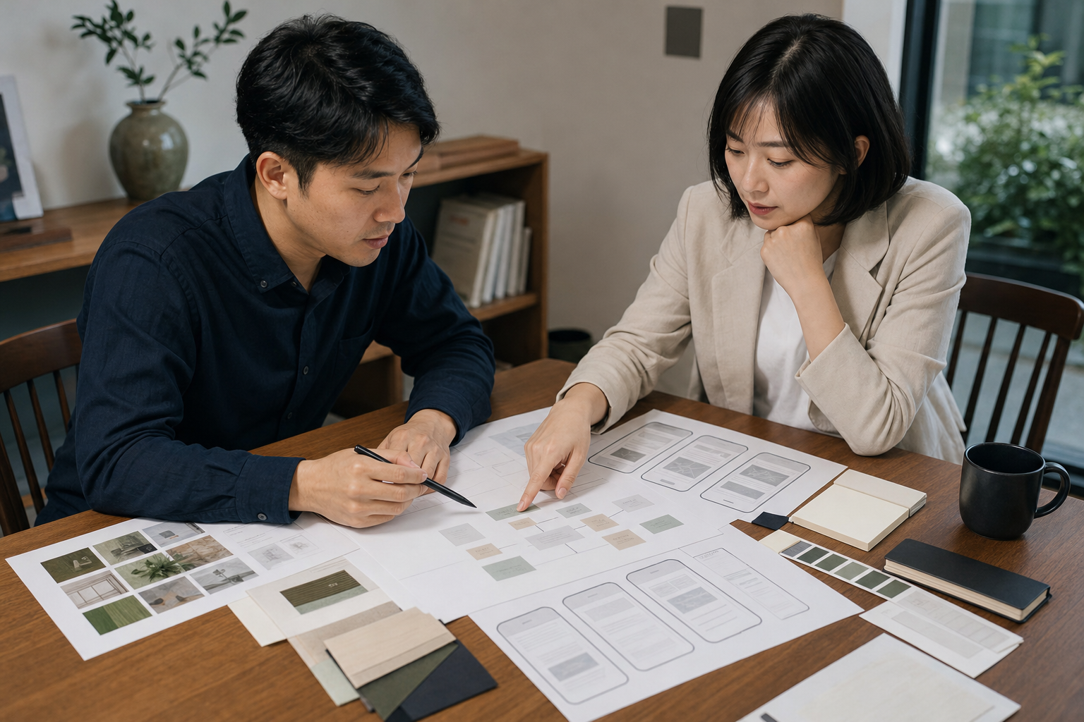 企業主與設計顧問檢視服務內容、品牌素材和手機網站草稿,討論網站需求。