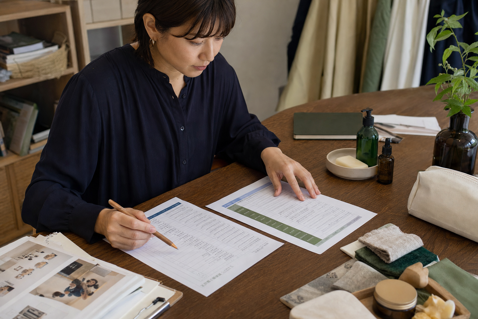 台灣小型品牌經營者在桌上比較 KOL 合作提案、產品樣品、腳本與素材授權文件。