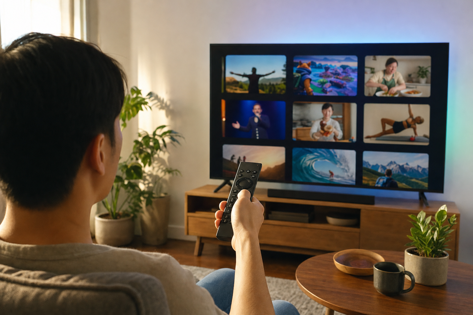 A viewer selects creator programming on a connected TV with a remote, illustrating the first product-information step in a content environment.