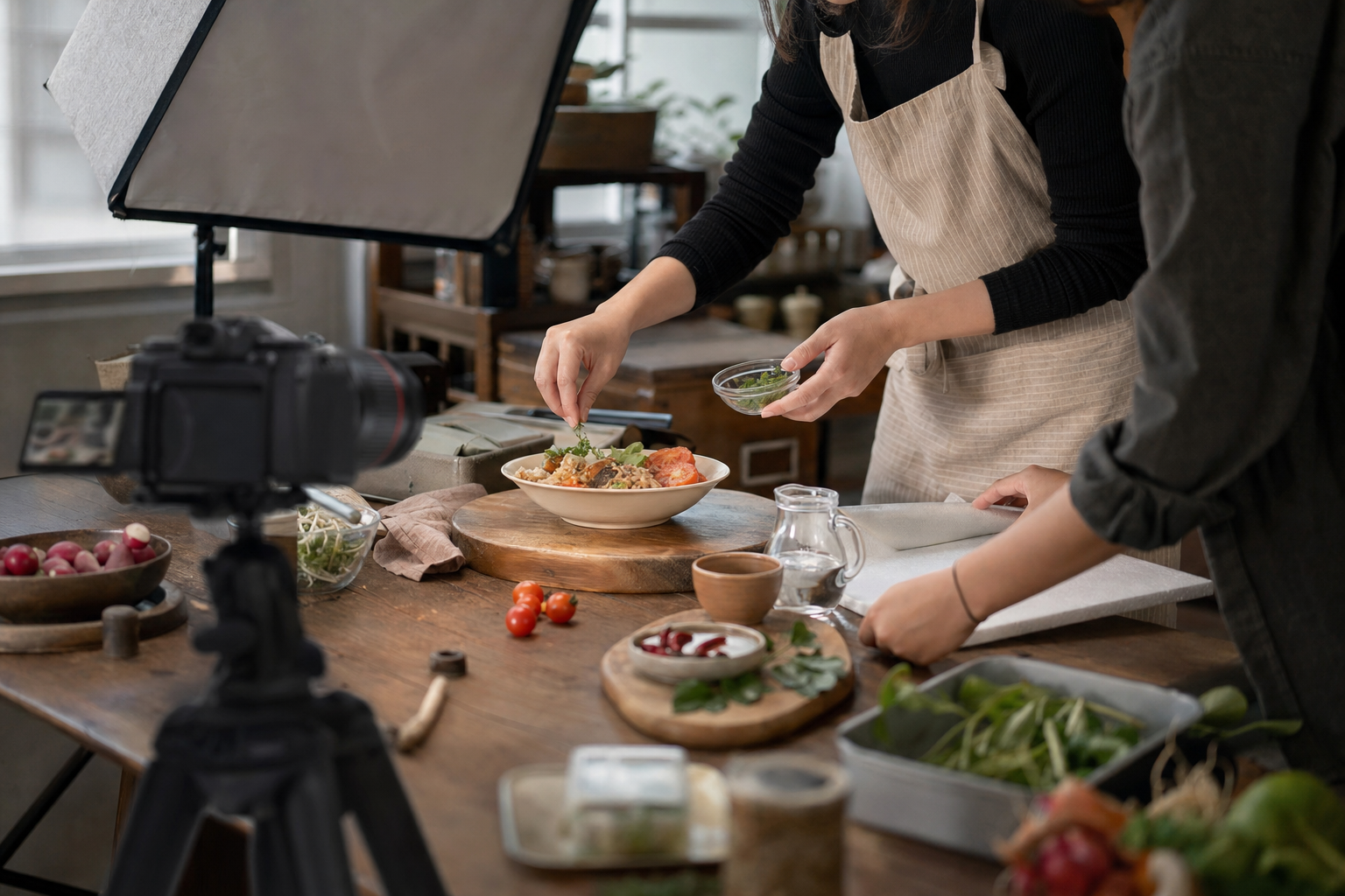A creator films a text-free product demonstration in a naturally lit studio, illustrating a hypothetical effort to fit brand content to a program context.