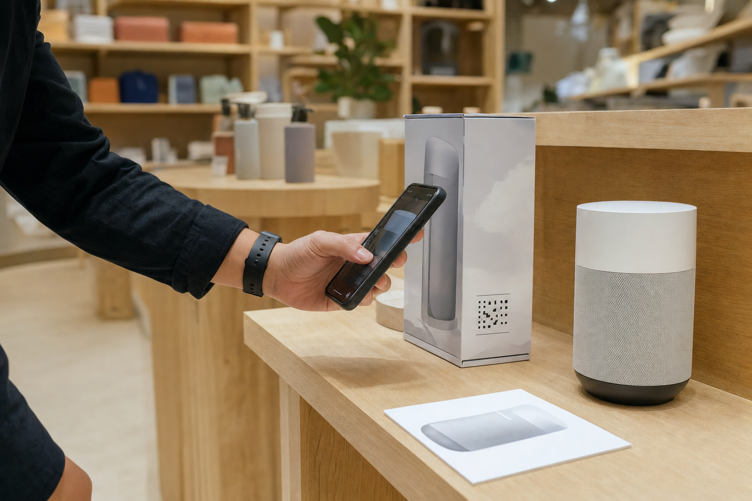 A staff member tests a post-viewing product path with a phone in a retail experience area, illustrating a hypothetical CTV advertising measurement test.