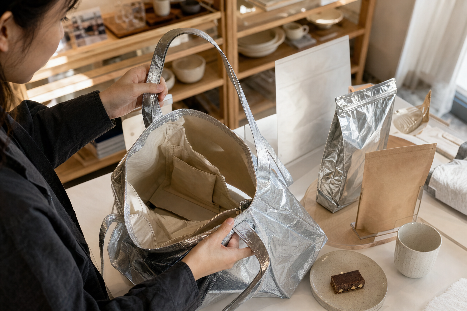 A consumer examines a concept bag’s inner pockets in an independent shop beside food-packaging prototypes, showing how packaging is translated into a fashion product.