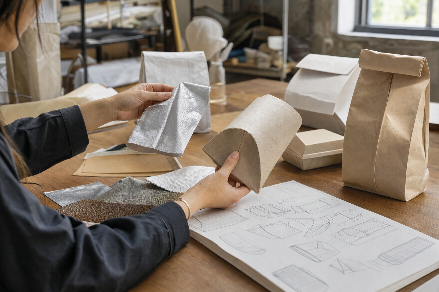 A designer compares food-package forms and material samples in a studio, testing how brand elements can become an everyday object.