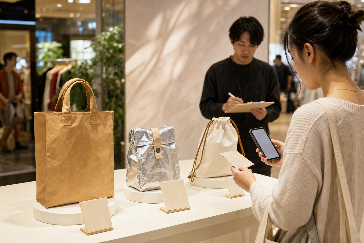 A consumer compares three food-packaging-inspired concept objects in a mall test area while a staff member records choices and information inquiries.