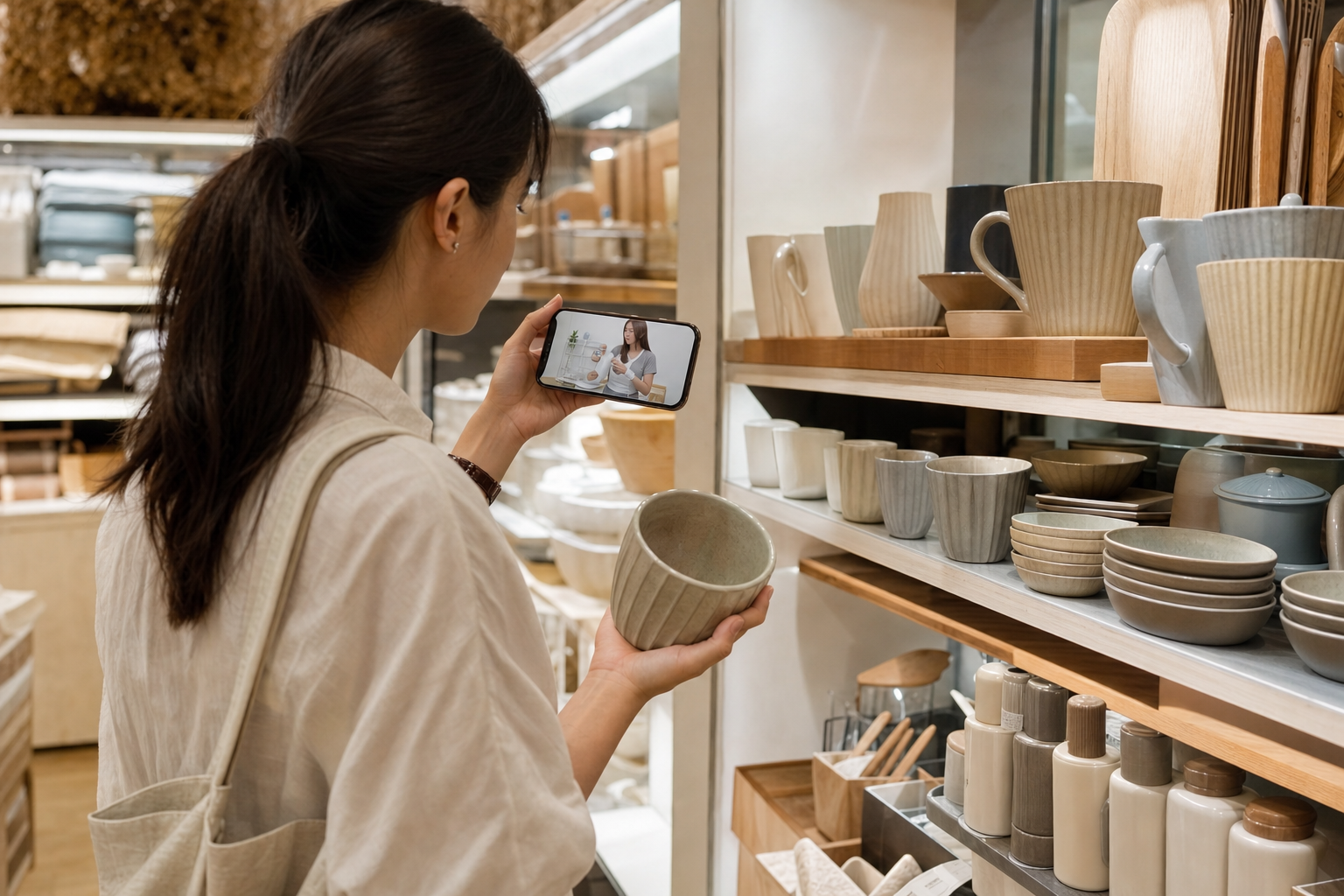 顧客在生活用品店以手機觀看創作者產品示範,並對照展示架上的商品。