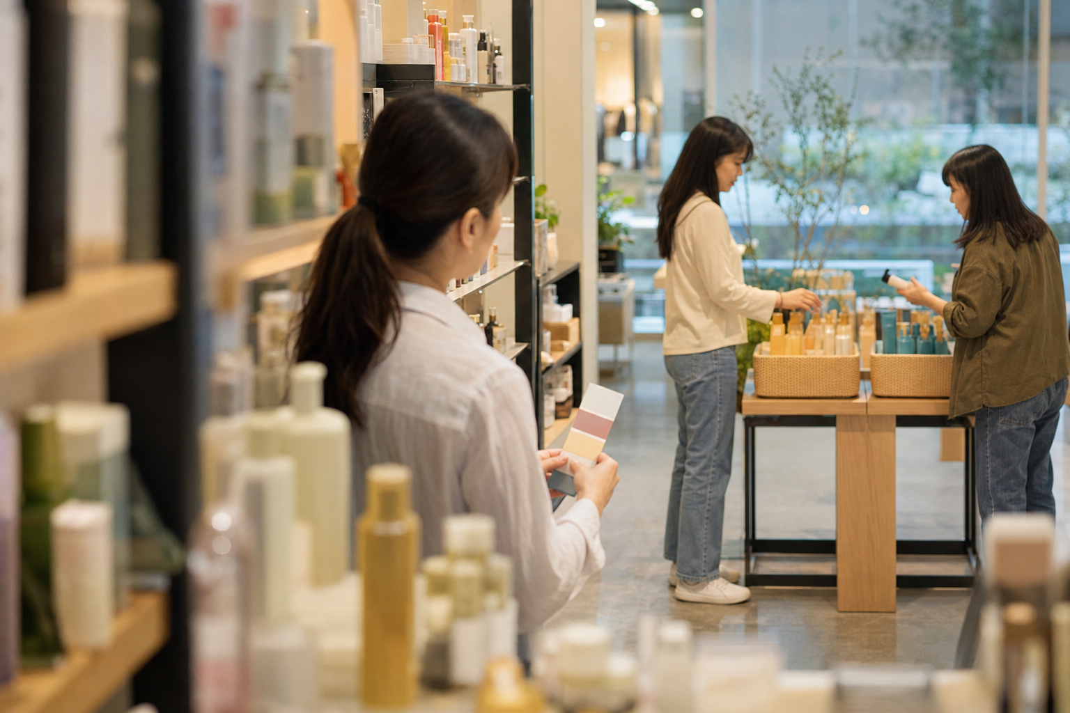 行銷人員在無品牌零售測試區觀察消費者選擇兩組商品。